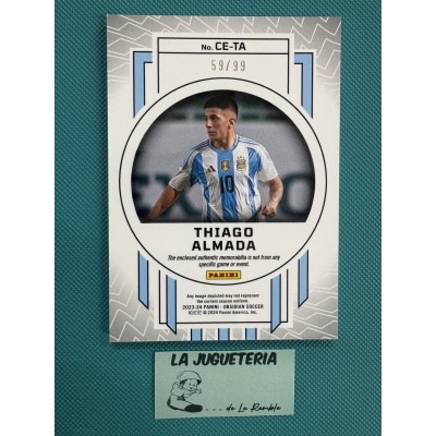 Thiago Almada " Card tarjeta Doble Parche Trozo camiseta numerado 59/99 " Argentina Panini Obsidian Cutting Edge 2023-2024